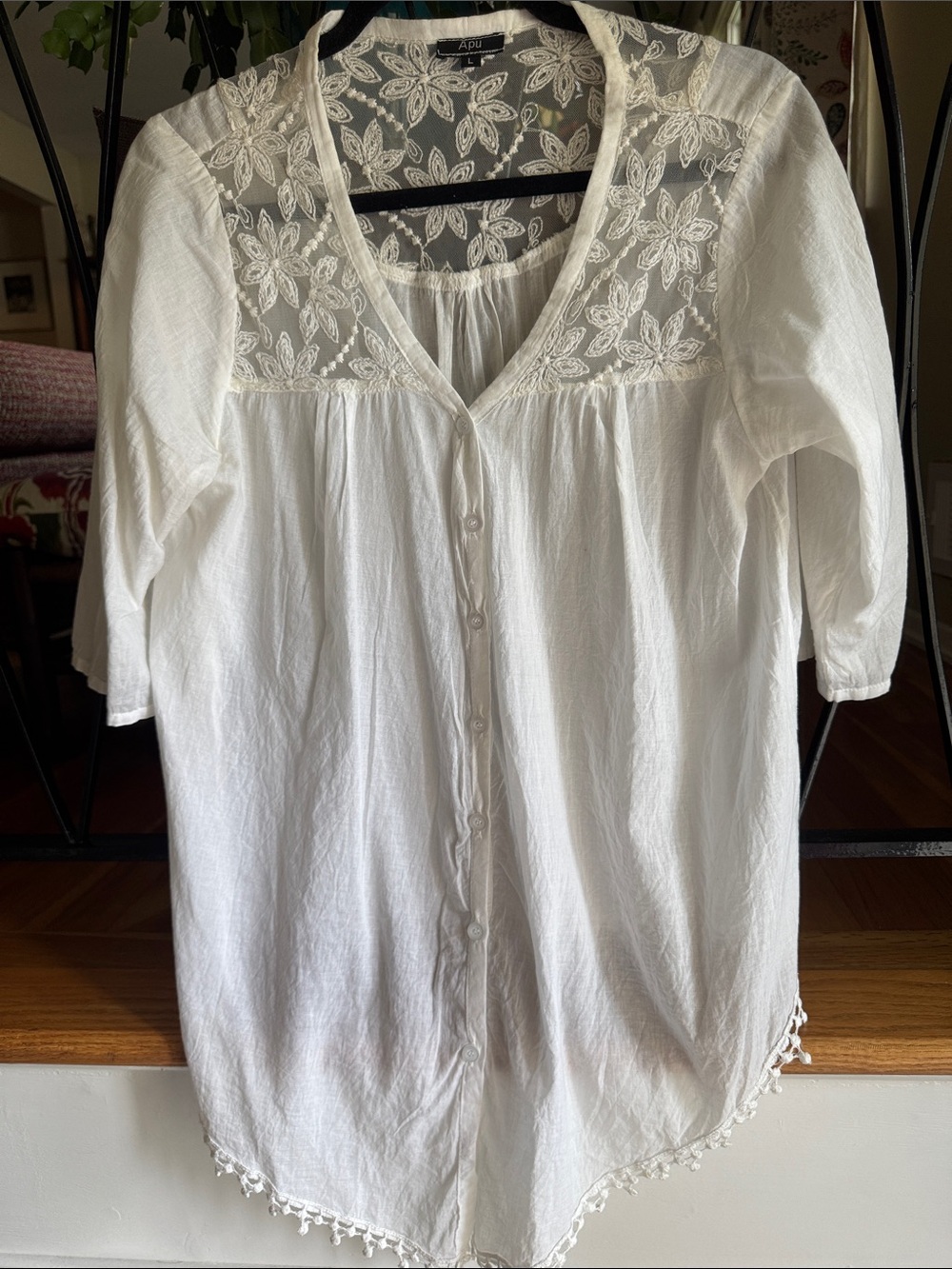Apu 100% Cotton White Lace Yoke Button-Front Women's Top